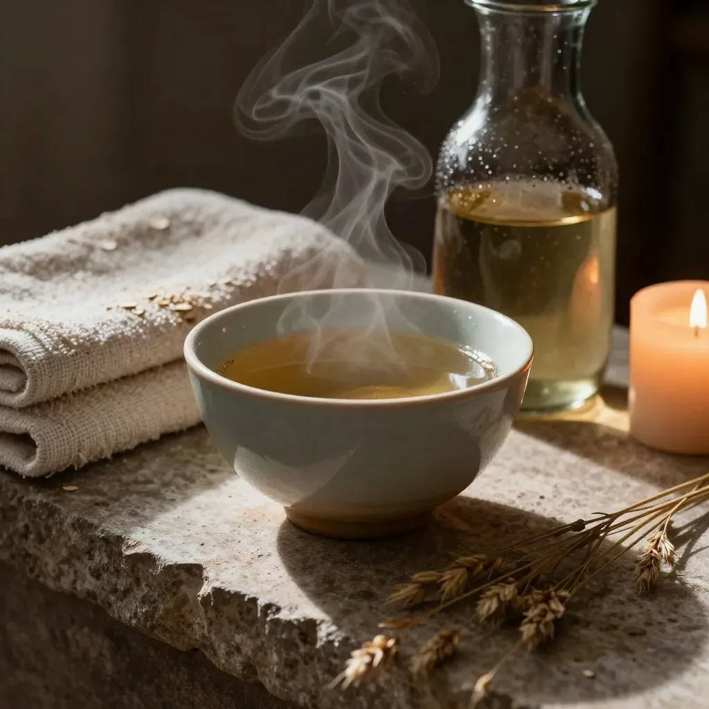 Steam curls over a ceramic bowl on folded linen beside stone, glass and candlelight.
