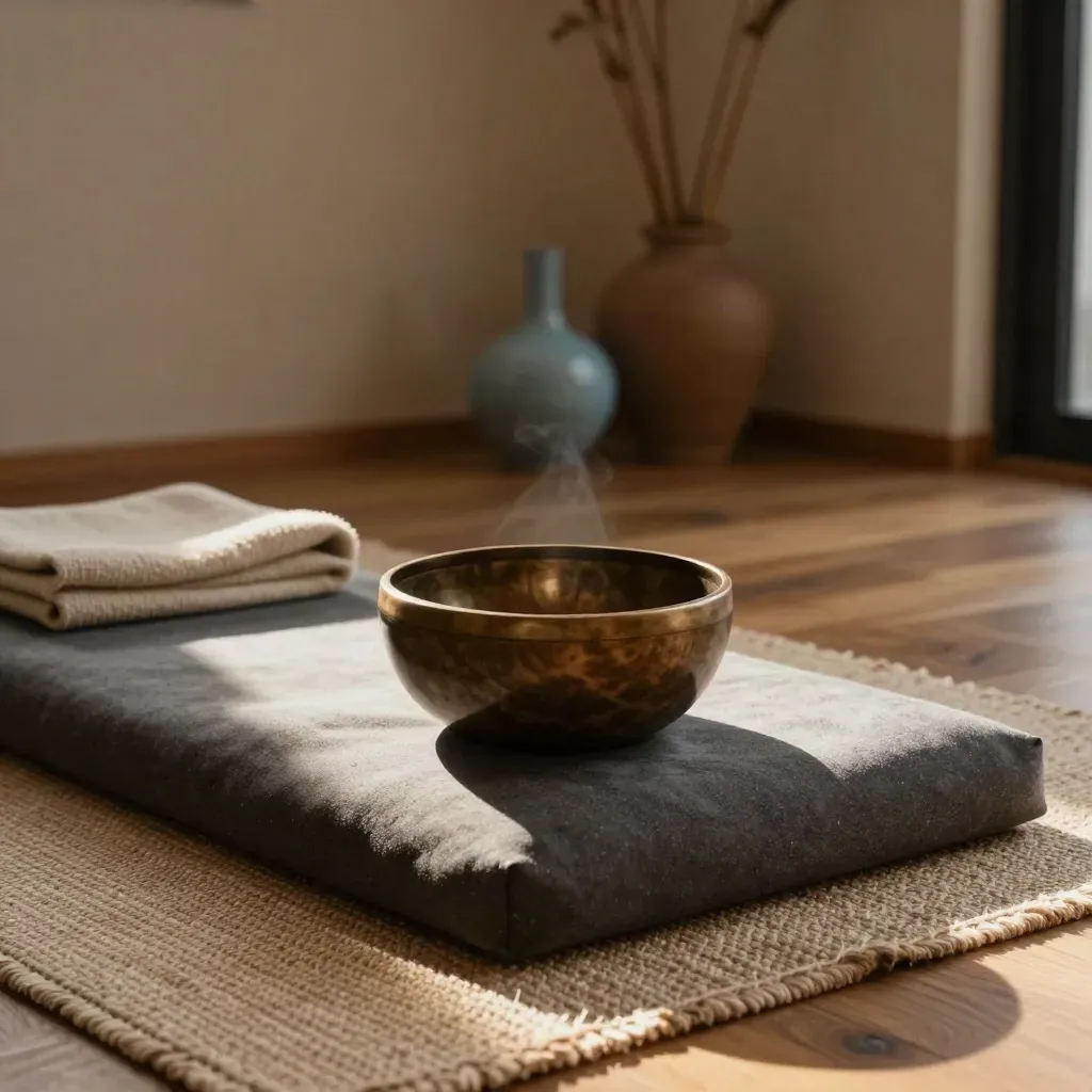 Quiet meditation room with cushion, singing bowl, blanket, dried stems, and incense haze.