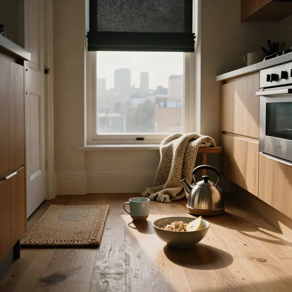 Dawn-lit London kitchen nook with kettle, breakfast bowl, boot tray and folded blanket.