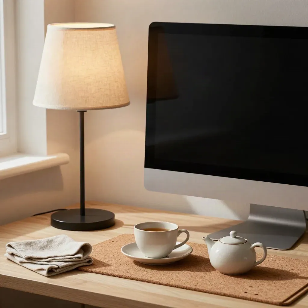 Off monitor, lamp and tea set in a calm home office corner