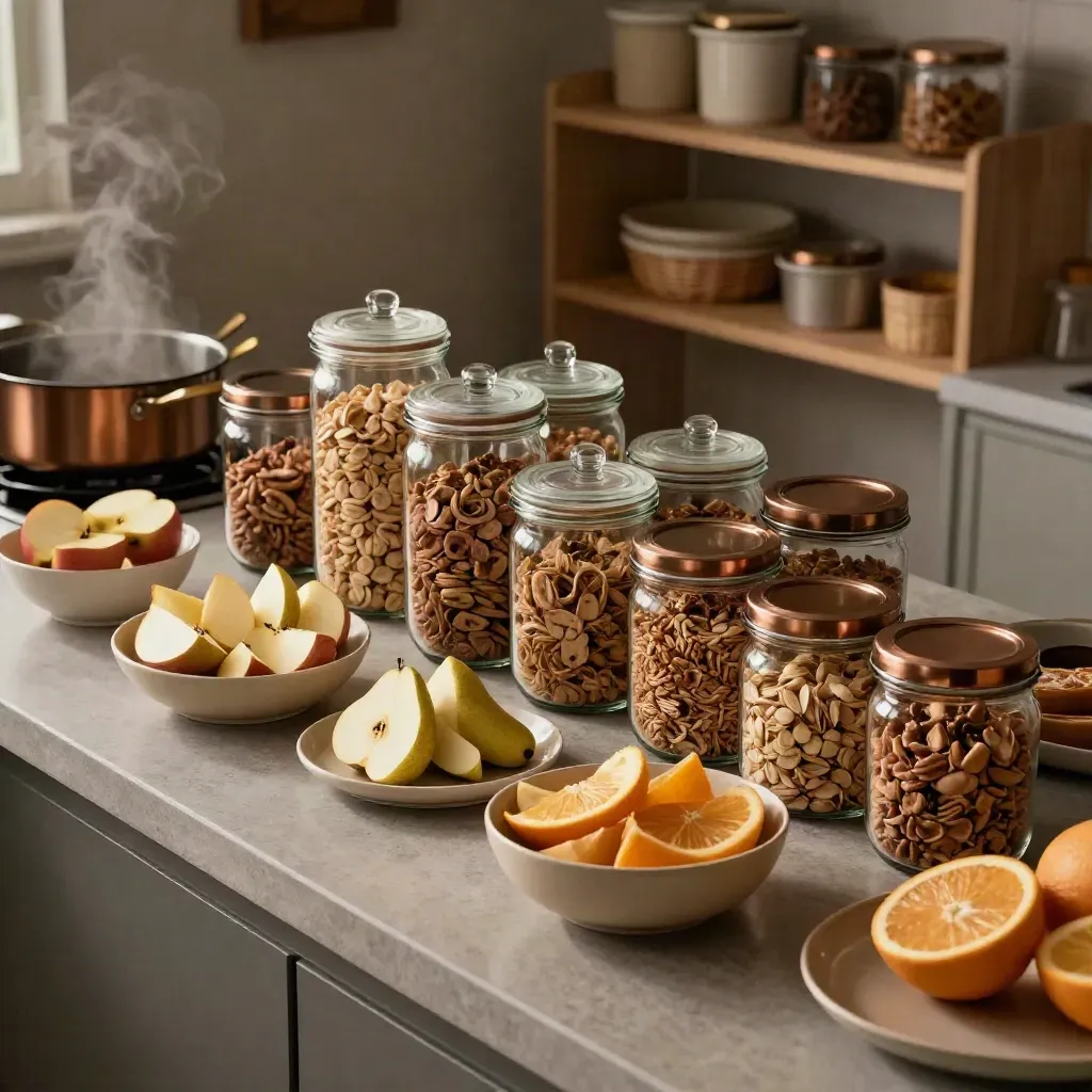 Fruit, lunch containers and cereal jars arranged on a warm family kitchen counter.