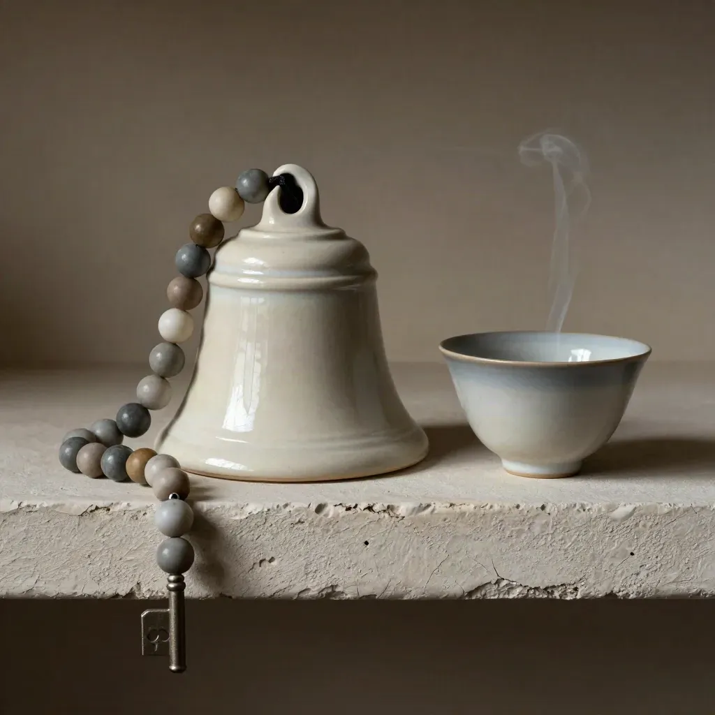 Ceramic bell, prayer beads and tea cup on a weathered plaster shelf with drifting smoke