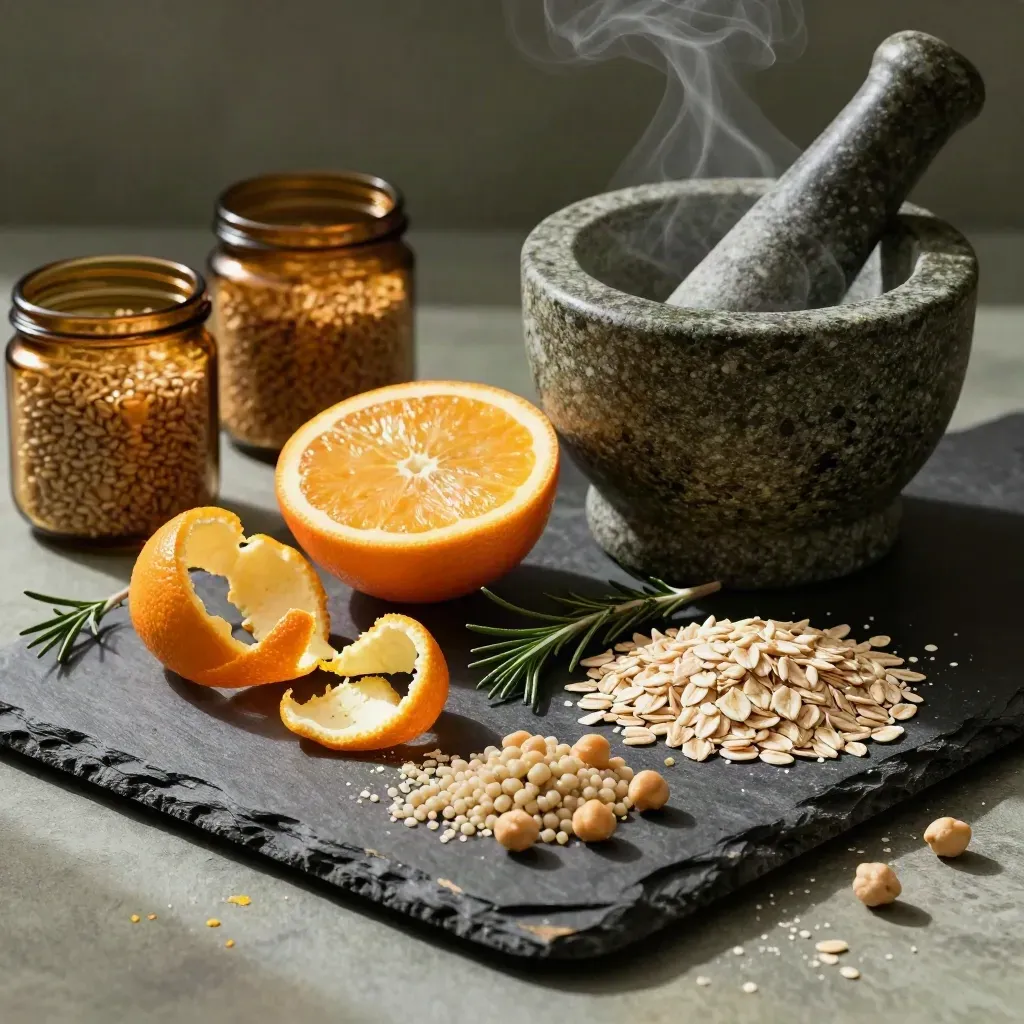 Citrus, grains, herbs, jars and a stone mortar on a slate prep board