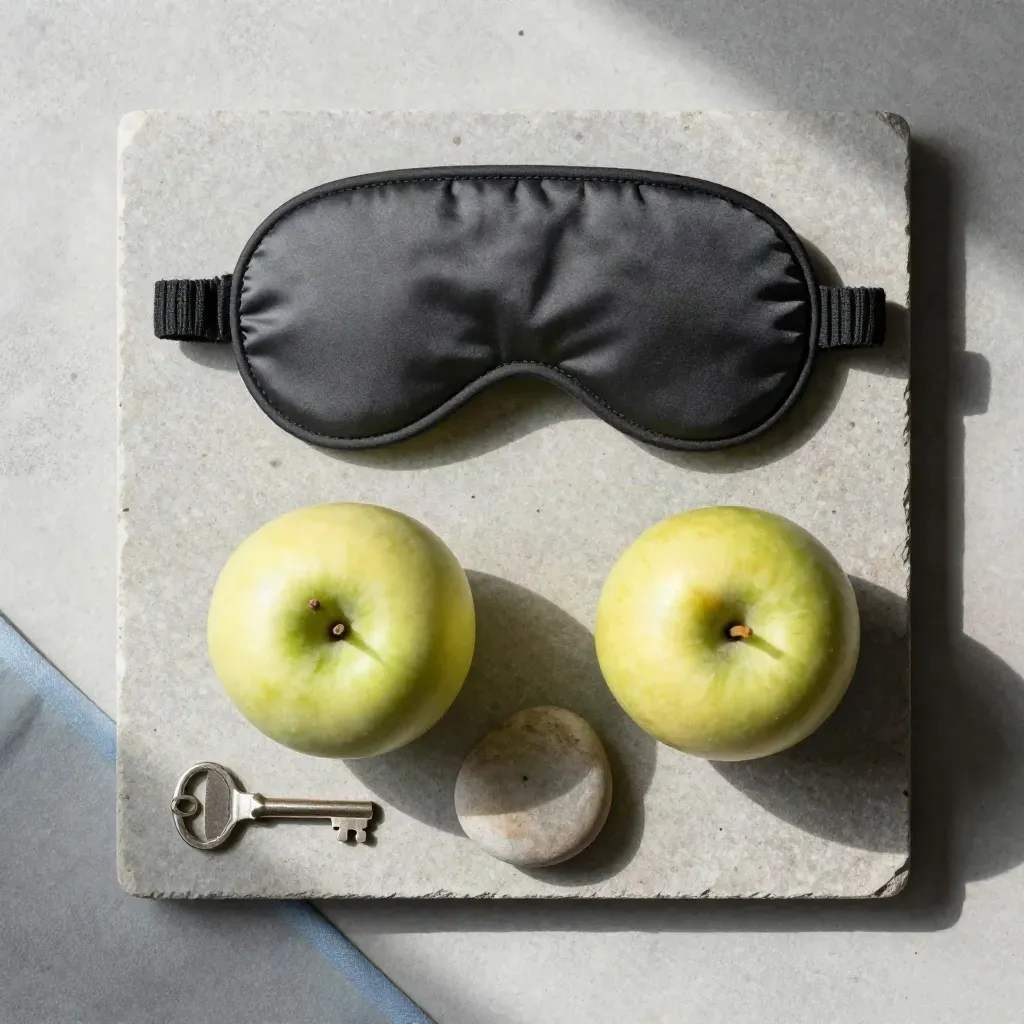 Overhead flatlay of a sleep mask, apple, key and smooth stone on pale concrete.