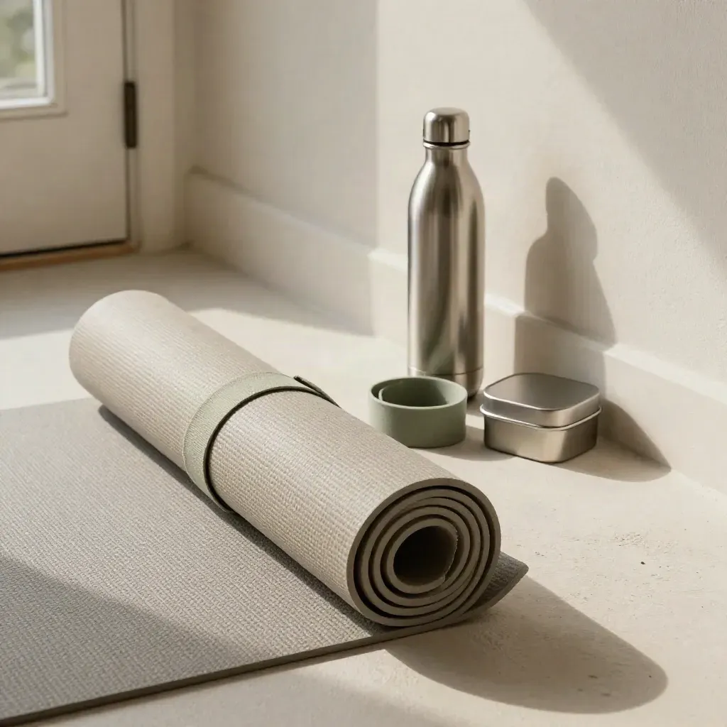 Rolled yoga mat, water bottle, resistance band and snack tin by a doorway