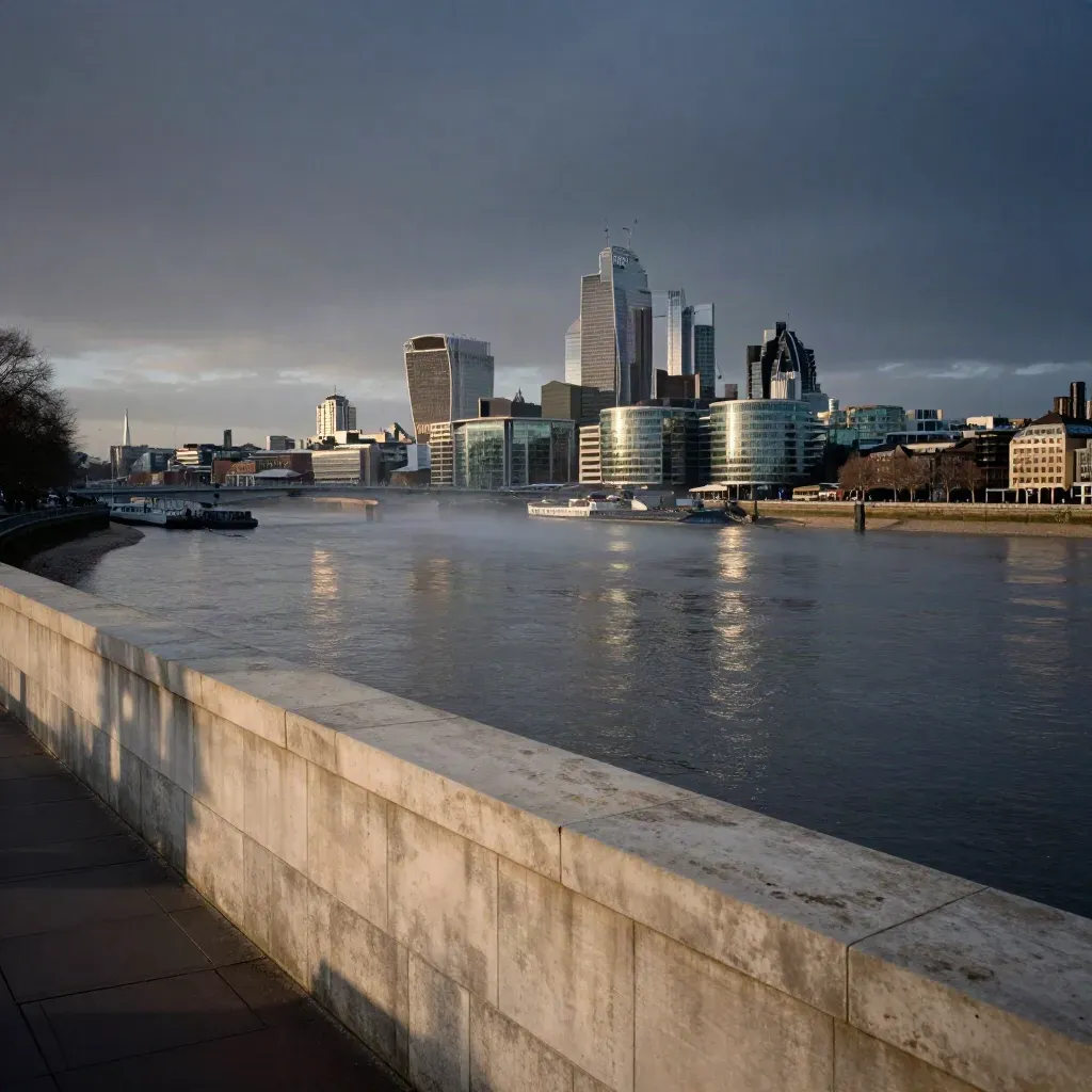 Blue-hour Thames skyline from the South Bank with misty river bend and distant towers.