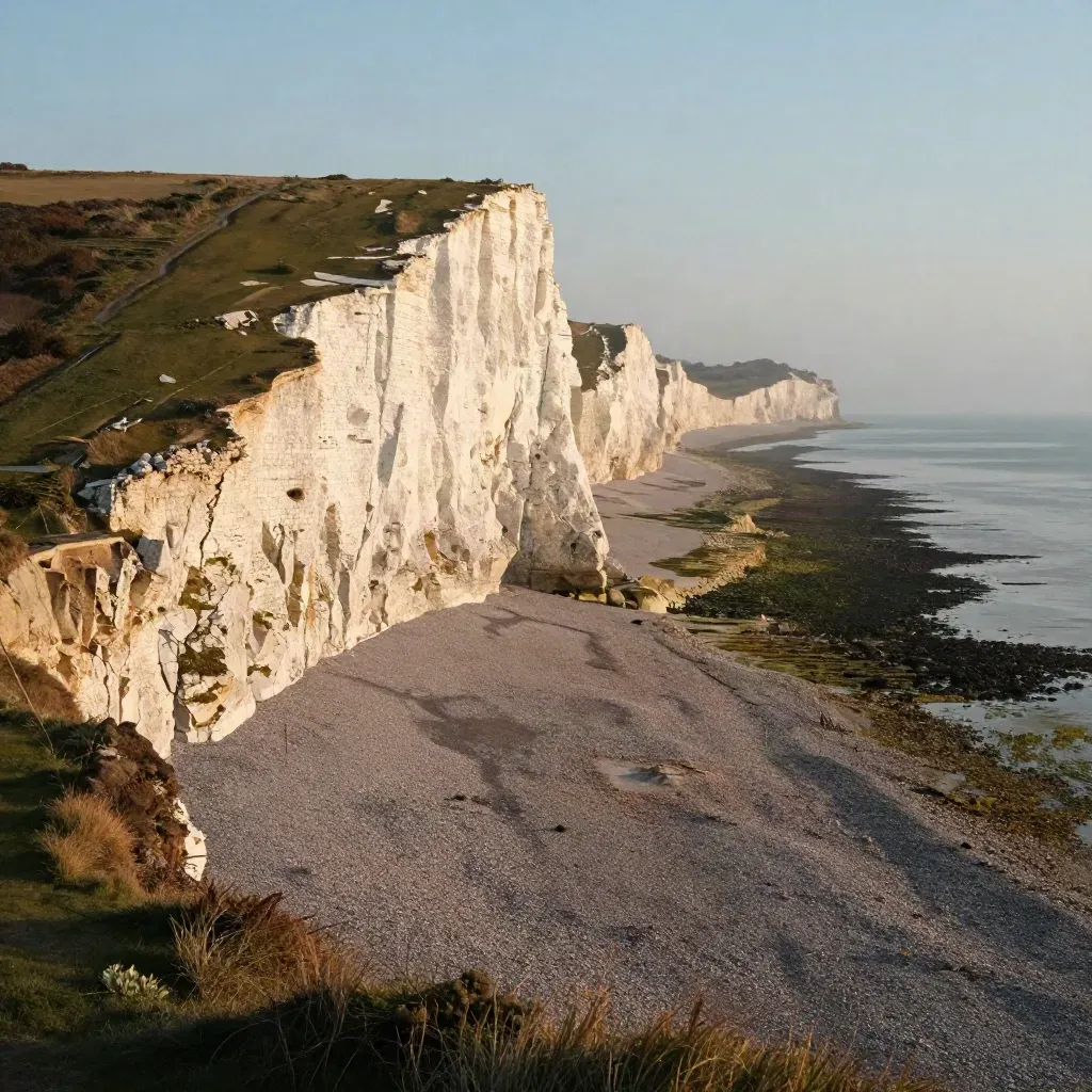 Golden Sussex chalk cliffs over quiet shingle and sea haze at sunset.